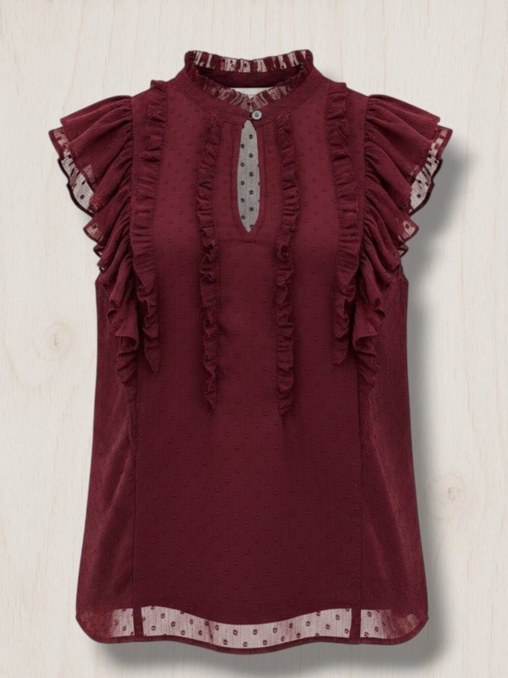 Loft Burgundy Textured Ruffle Bib Blouse XXS